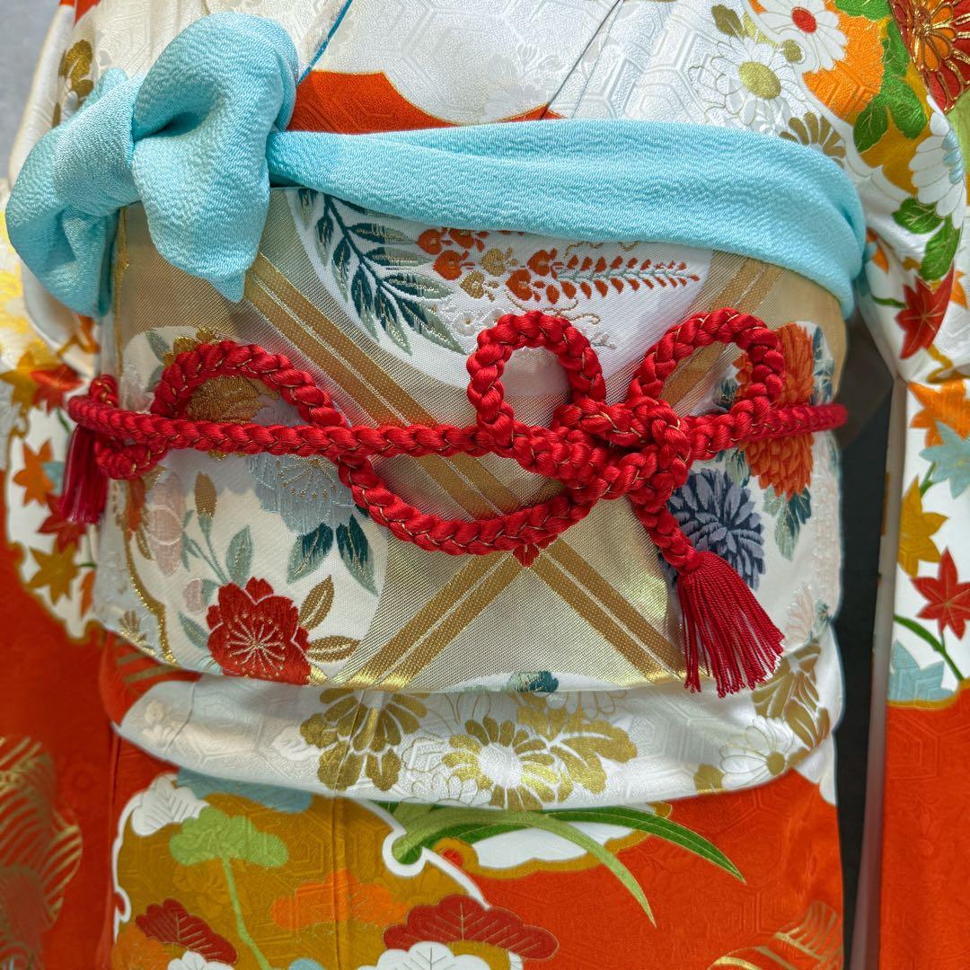 振袖フルセット 古典柄 トールサイズ 161〜171 白地オレンジ 正絹 成人