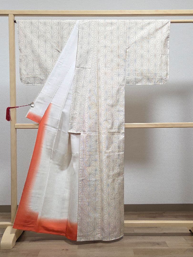 C◇着物くつろぎ 白大島紬 アンサンブル 着物羽織セット 麻の葉 袷