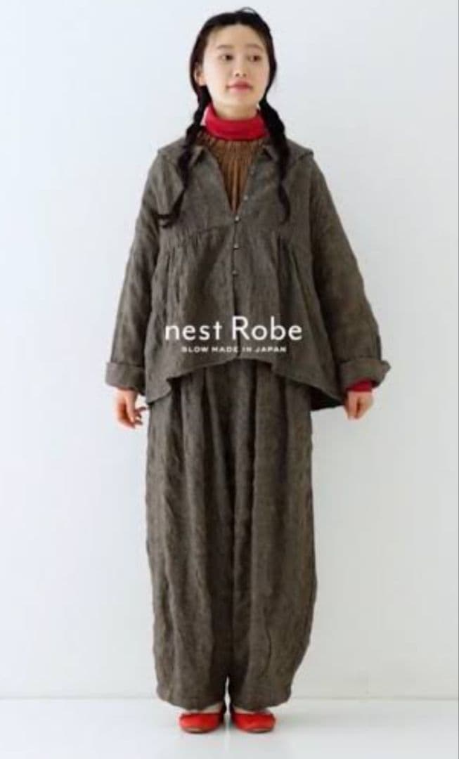 ネストローブ nest robe ウールコットンチェックブラウスパンツセット