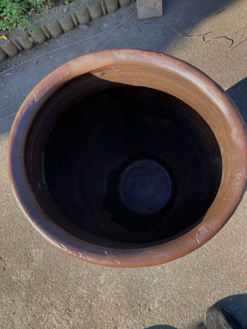 古道具 甕 昭和レトロ 陶器製 オブジェ 陶器製水鉢 ダークブラウン 約