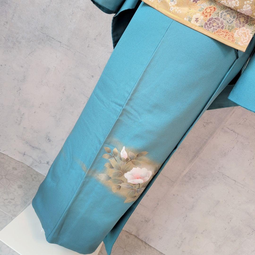 着物 訪問着 フルセット 正絹 青緑 花 金彩 O4