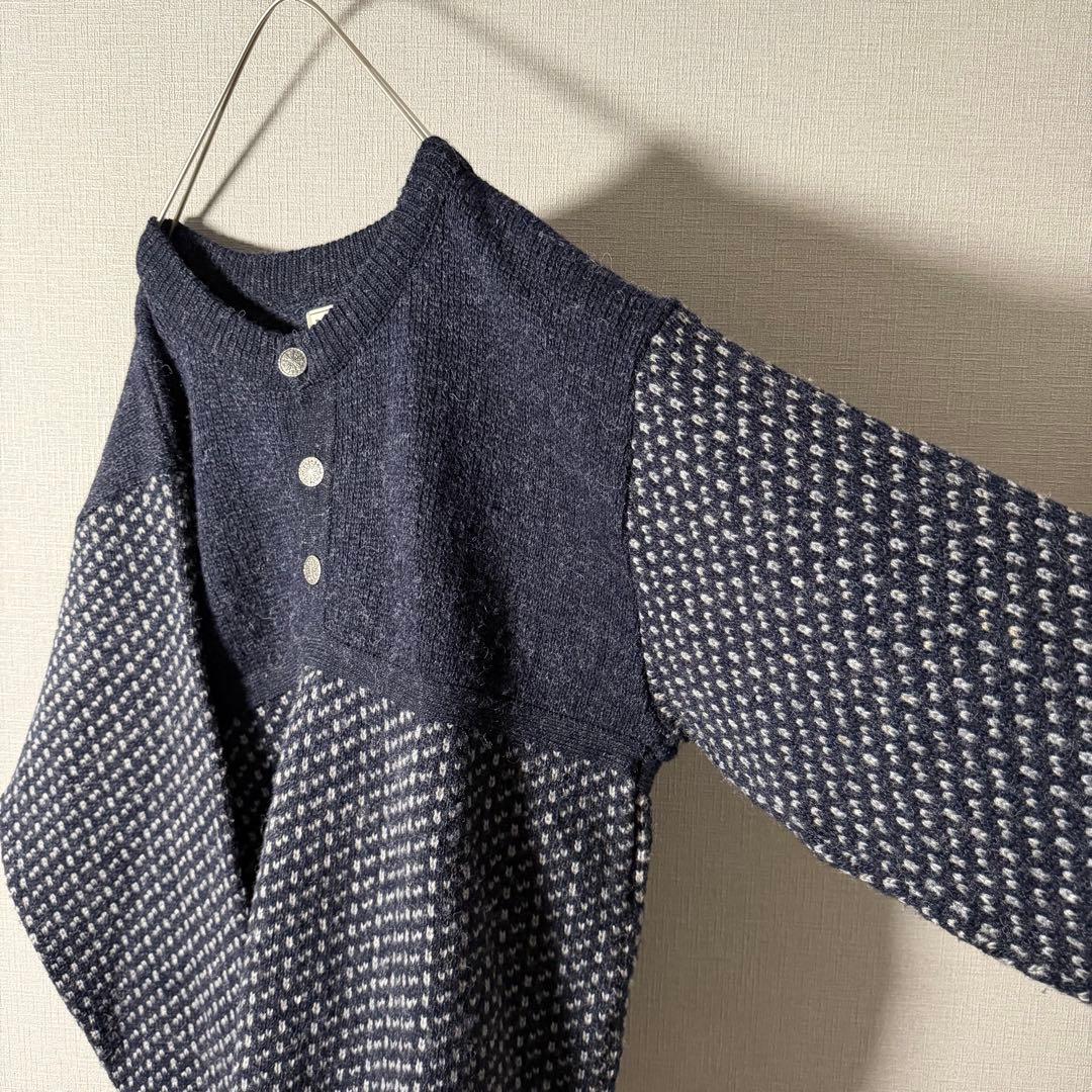 ノルウェー製★L.L.Bean バーズアイニット ハーフボタン ネイビー 人気L