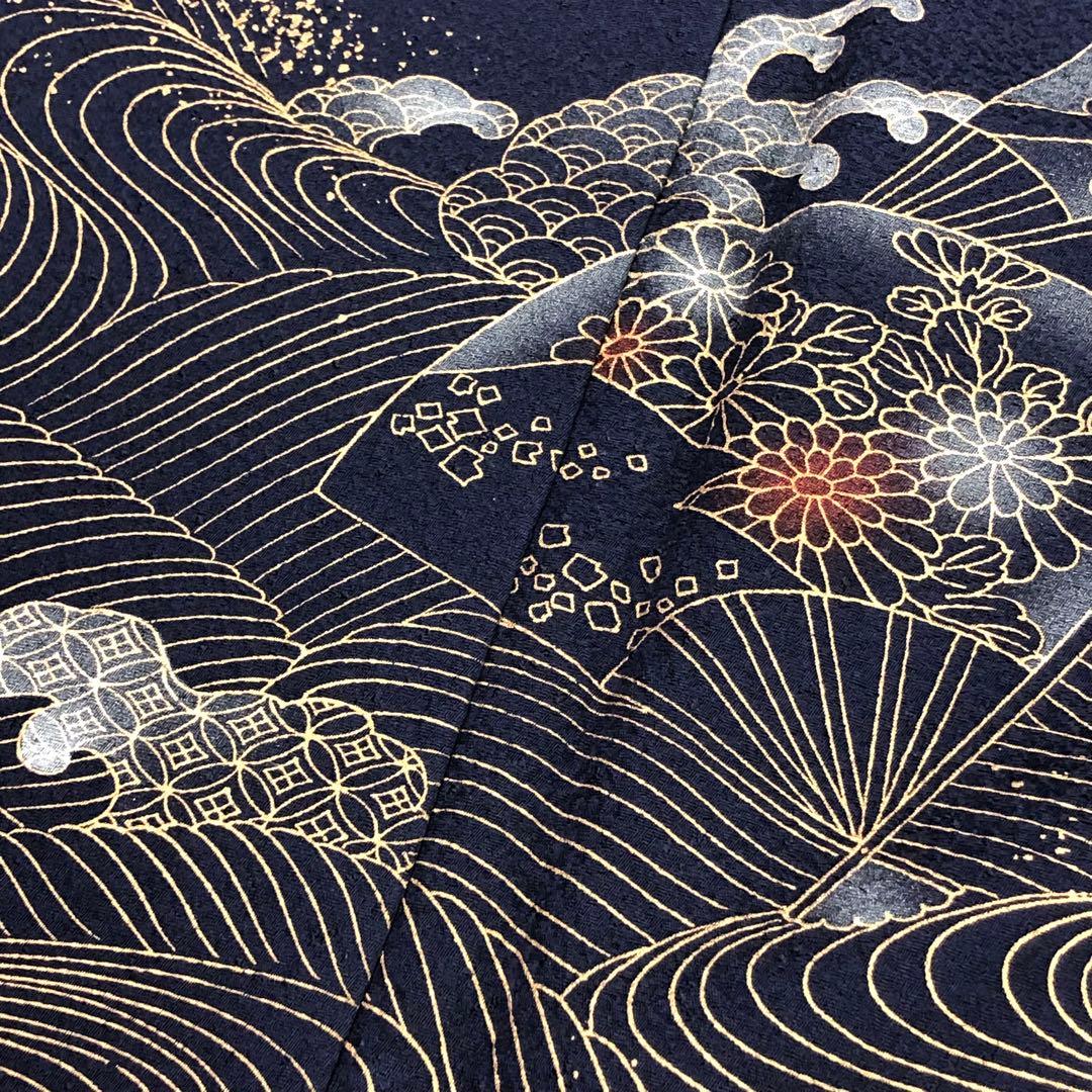 付下げ 波模様に扇子に花柄模様 金彩 KK-2138 - メルカリ
