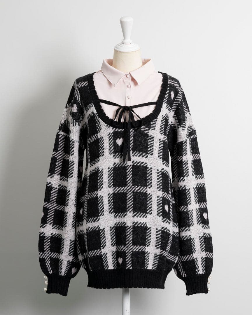 pium ハートチェックレイヤードニットワンピ - メルカリ