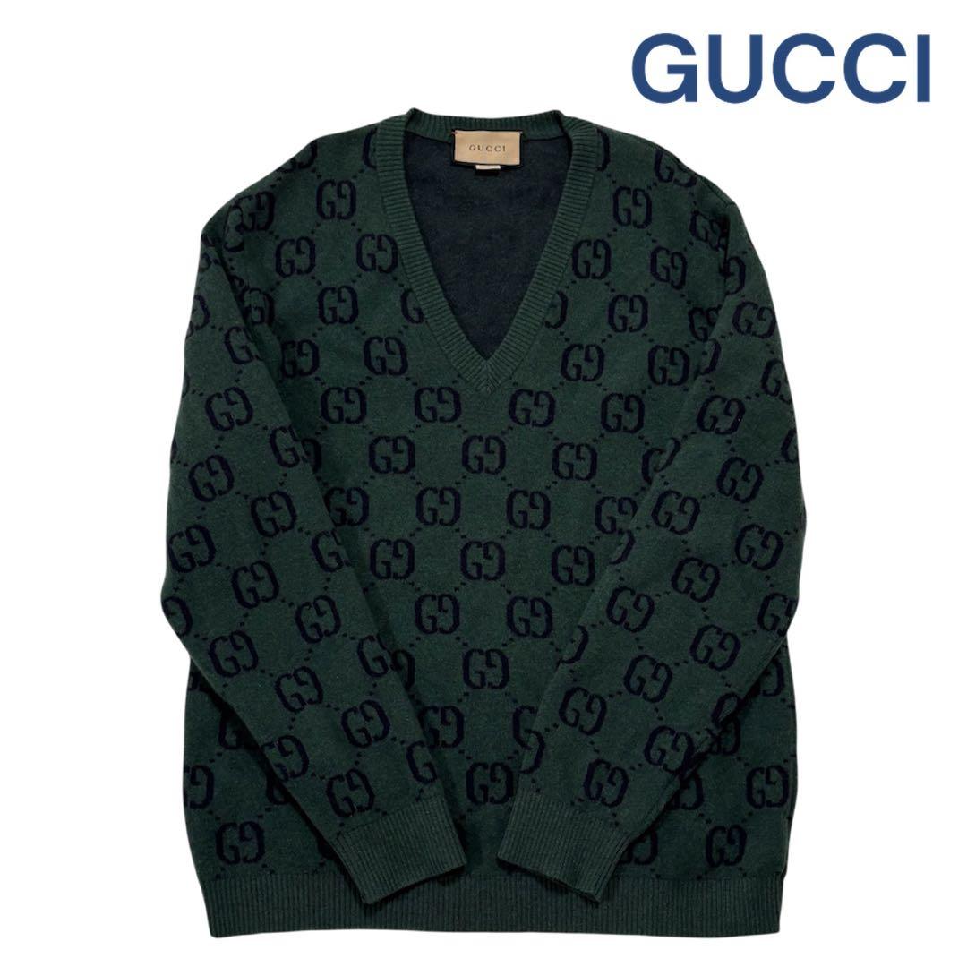 美品 GUCCI ダークグリーン Vネックニット 中古・古着通販】GUCCI (グッチ) GG総柄ニット/661155 XKBXI グリーン