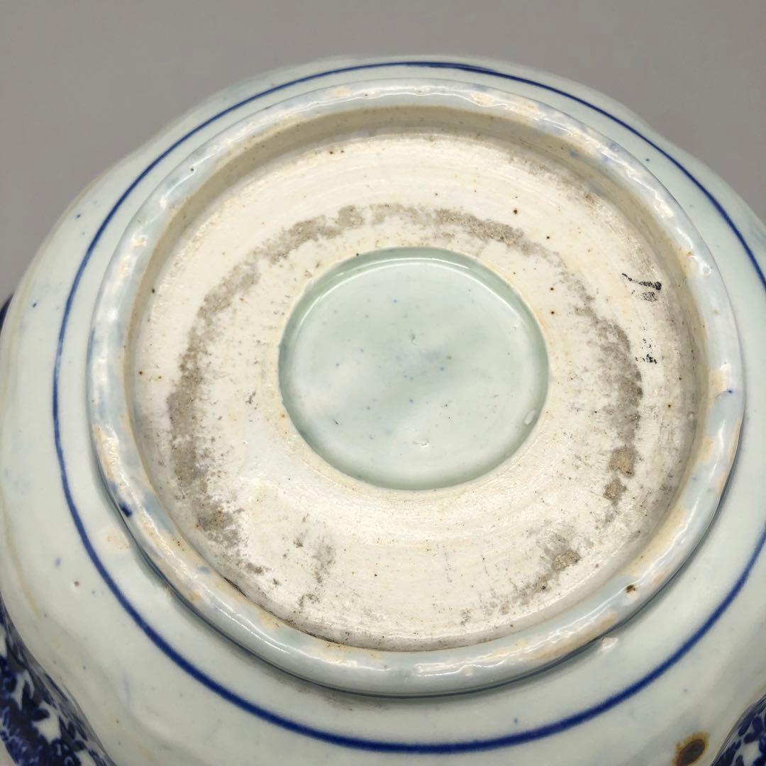 明治時代古伊万里渦巻き花微塵唐草文様ベロ藍印判手鉢ボウル26cm伊万里