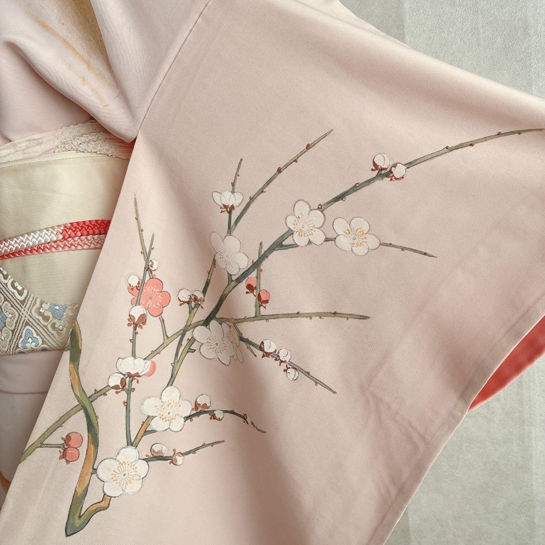 訪問着 フルセット 着物 正絹 手描き 難あり 練習用 梅枝 落款 J1