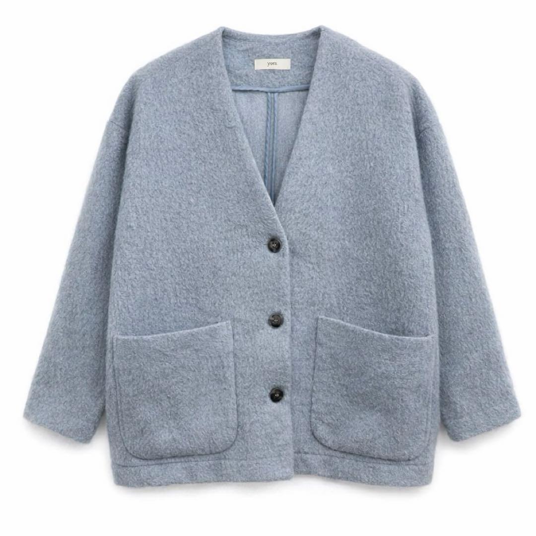 yori】ウールモヘアシャギージャケット ライトブルー ノーカラー v