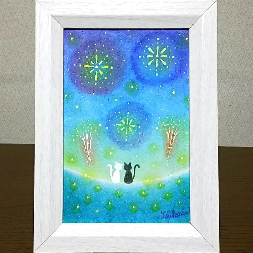 パステルアート 猫のカップルと夏の花火 パステル画原画 - メルカリ