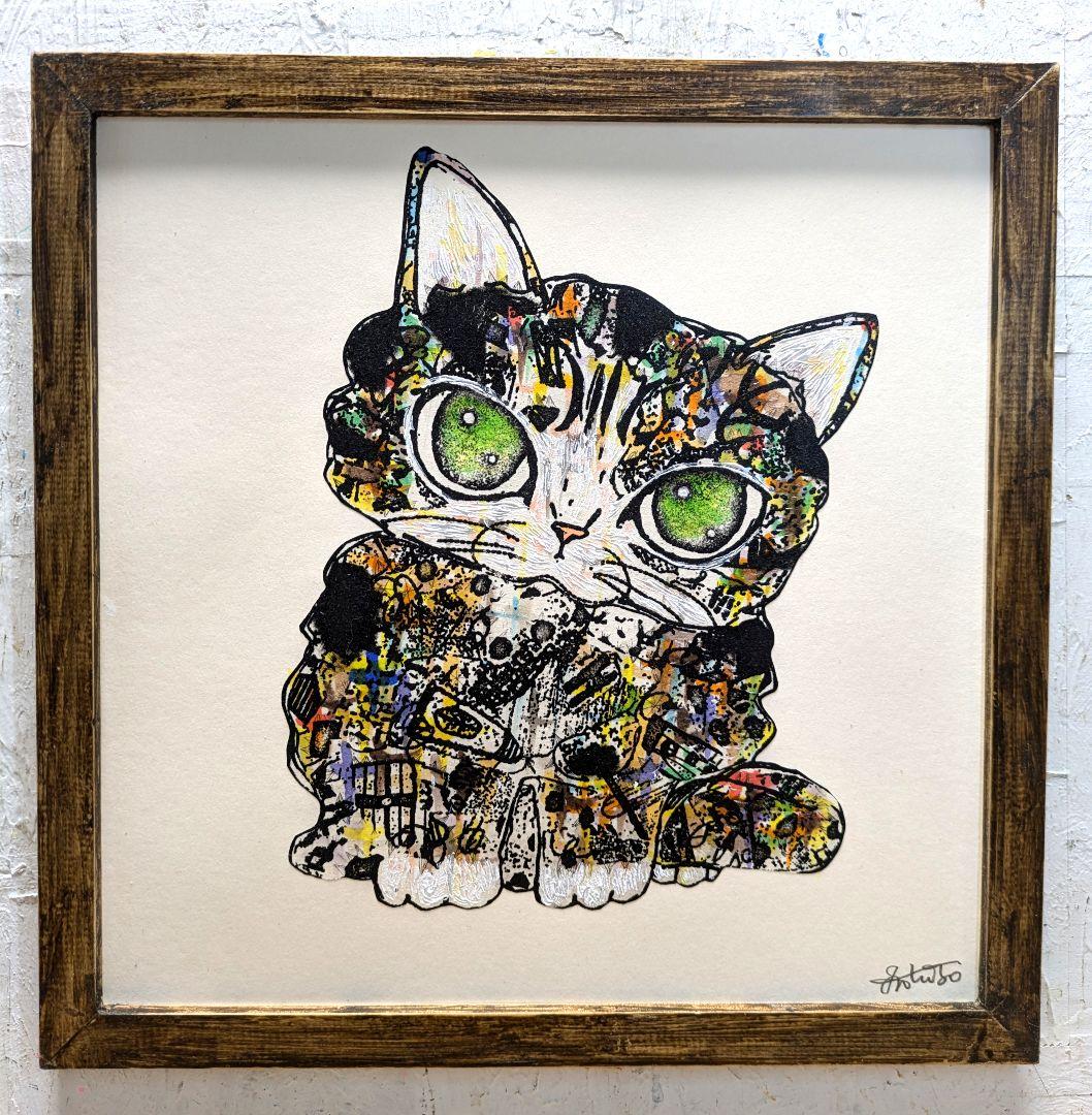 手作り額付作品　「きらめきニャンコ」 まるでステンドグラスのような透明感。ニャンコ先生が光の中で輝く