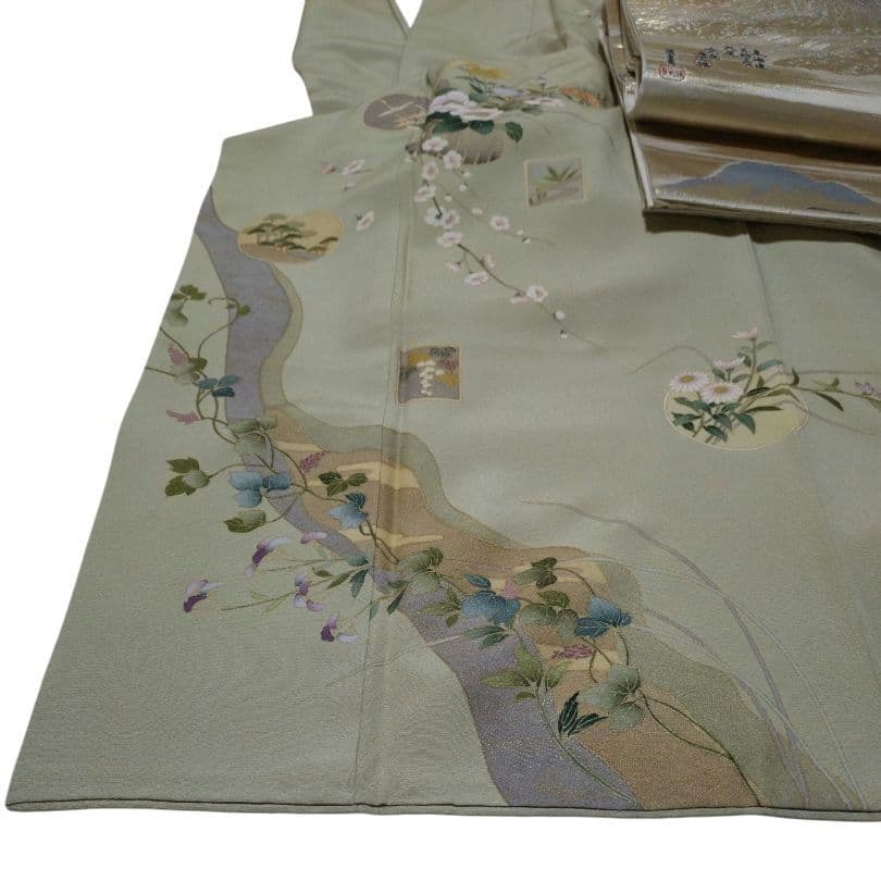 うぐいす色 ゴールド 付下げ訪問着・袋帯セット - メルカリ