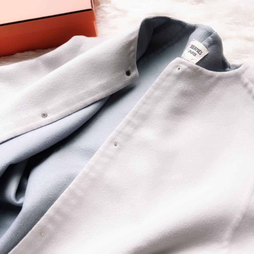 美品 HERMÈSエルメス カシミヤ ショート ノーカラー コート ブルー