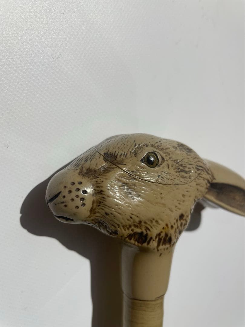 イギリス　アンティーク　ステッキ　柄の部分　ハンドル　兎　うさぎ　ラビット アンティークラビットウサギハンドル レッド天然木ステッキユニ