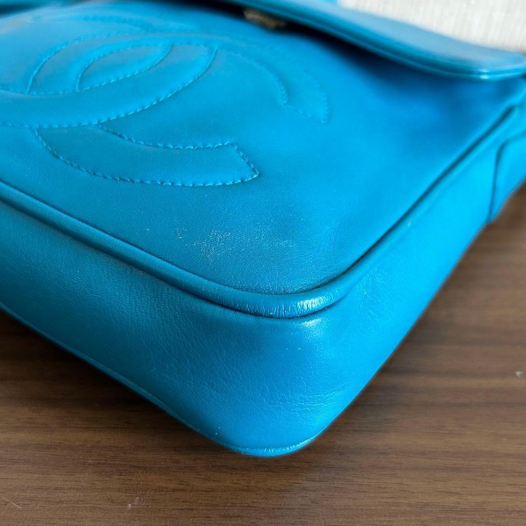 真贋済 CHANEL シャネル ブルー レザー ショルダーバッグ ココマーク