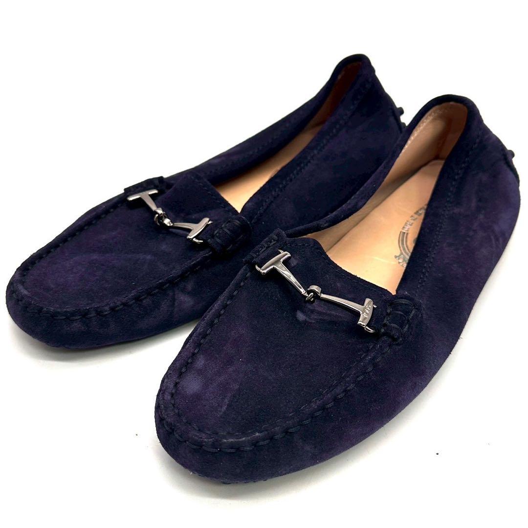 極美品 トッズ ドライビングシューズ ビットロゴ スエード ネイビー