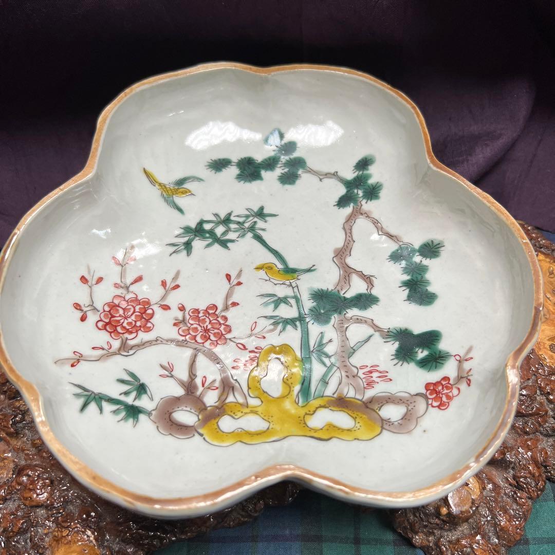 古九谷五彩手花鳥松竹文口紅 手捻り 柿右衛様式 江戸時代 合箱 美品