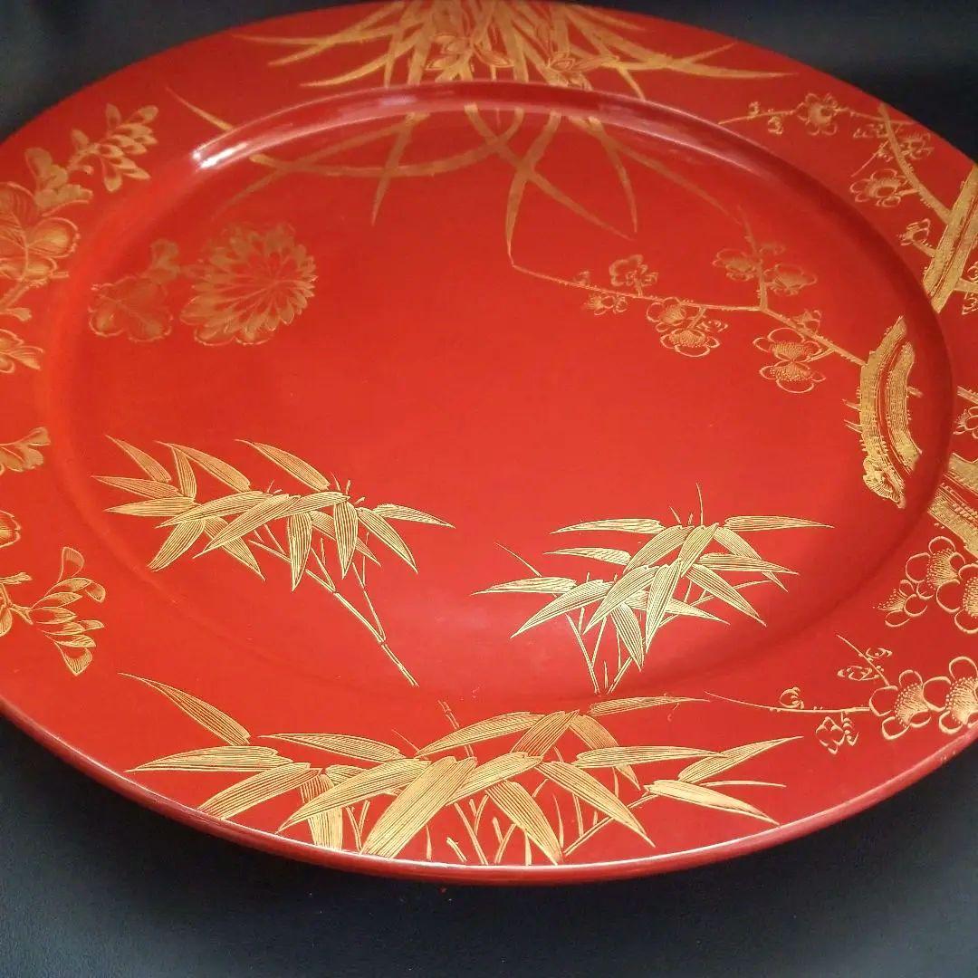 輪島塗 沈金 朱塗り 松竹梅 四季花 大皿 美術品 飾皿 約48cm1尺6