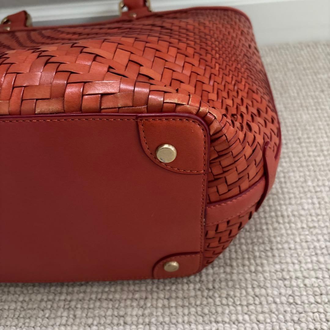 コールハンカゴ編みレザー トートバッグ オレンジ色 - メルカリ