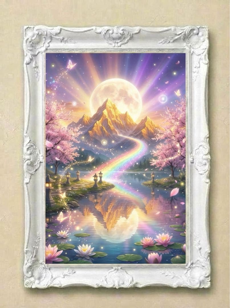 月桜虹郷】 満月 桜 虹 開運 アート ヒーリングアート 2L判 A4変更可