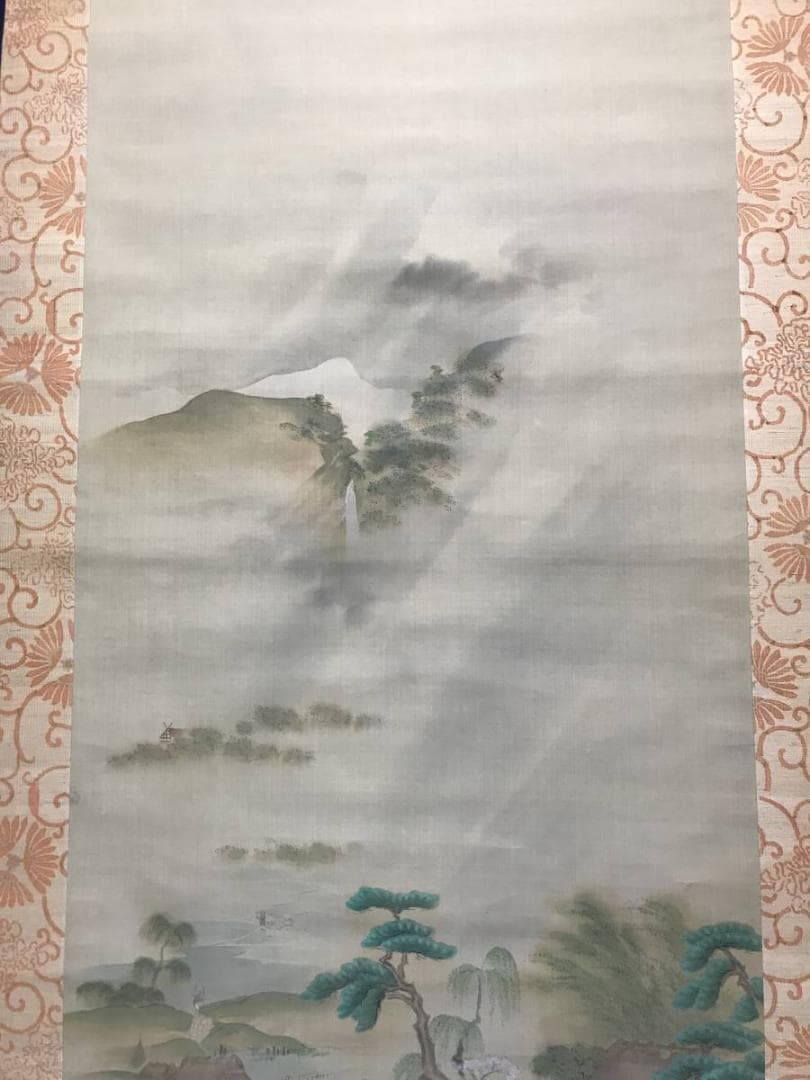 真作】渡辺広輝/山水農村風景図/山水図/正月図/掛軸/名家伝来/AC-