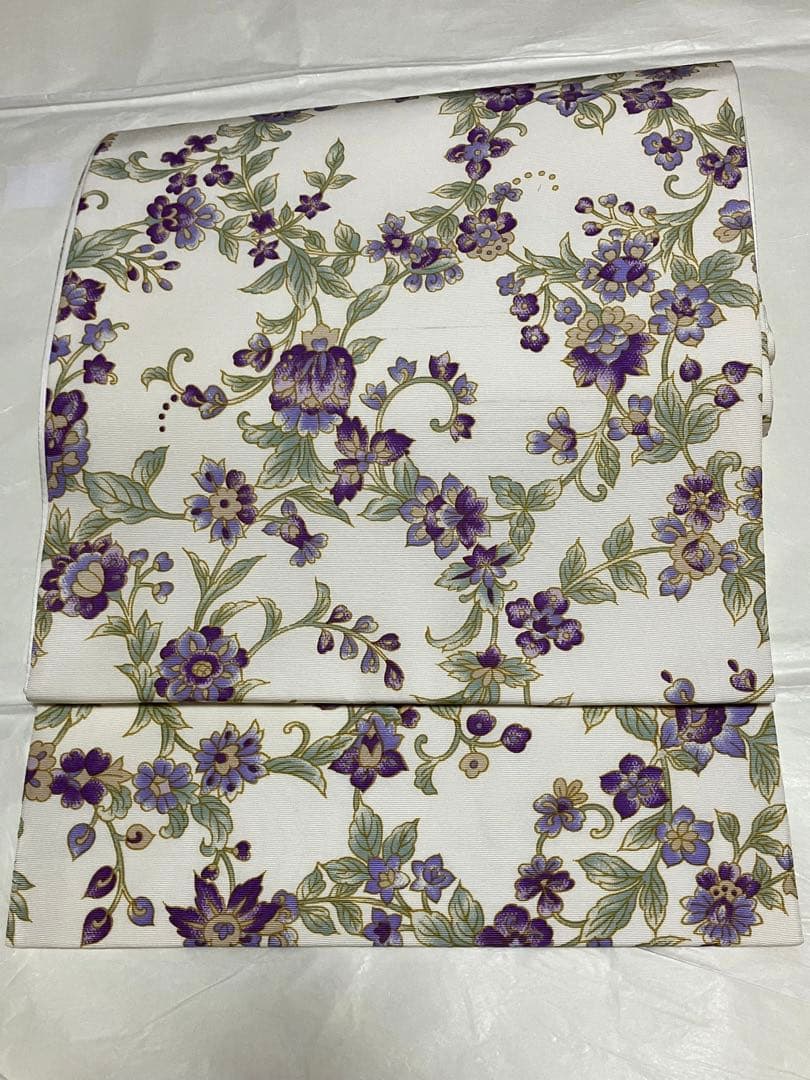 岡重 紫からくさ更紗 袋帯 ひとえにも！ 岡重 名古屋帯 九寸 紫 更紗柄 京友禅 正絹 五泉 駒塩瀬 未仕立て品 九