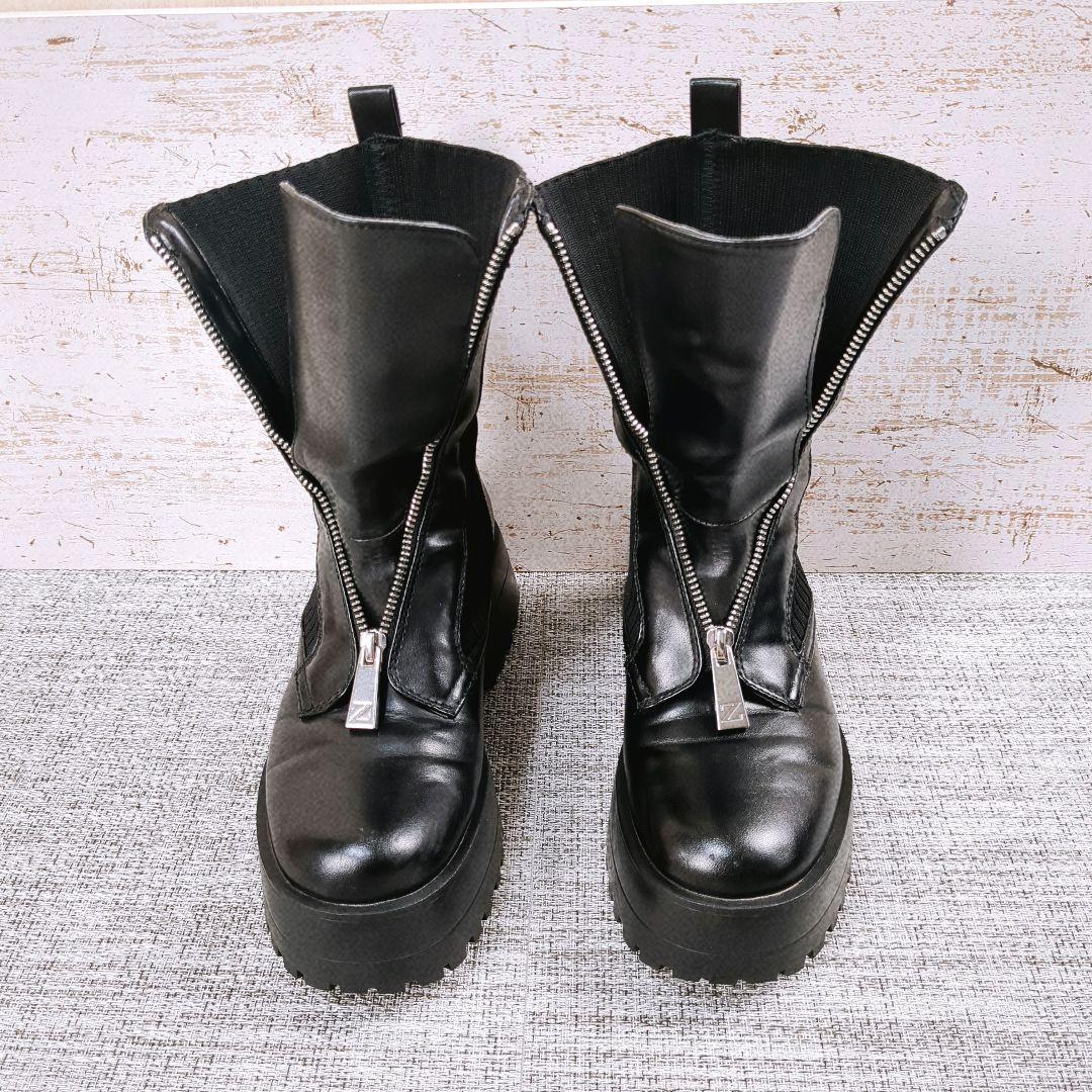 美品 ZARA ザラ 厚底ブーツ トラックソール フロントジップ レザー 24