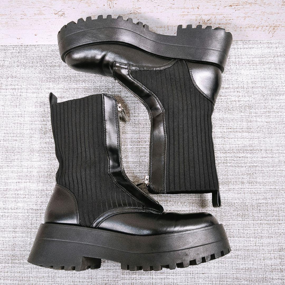 美品 ZARA ザラ 厚底ブーツ トラックソール フロントジップ レザー 24