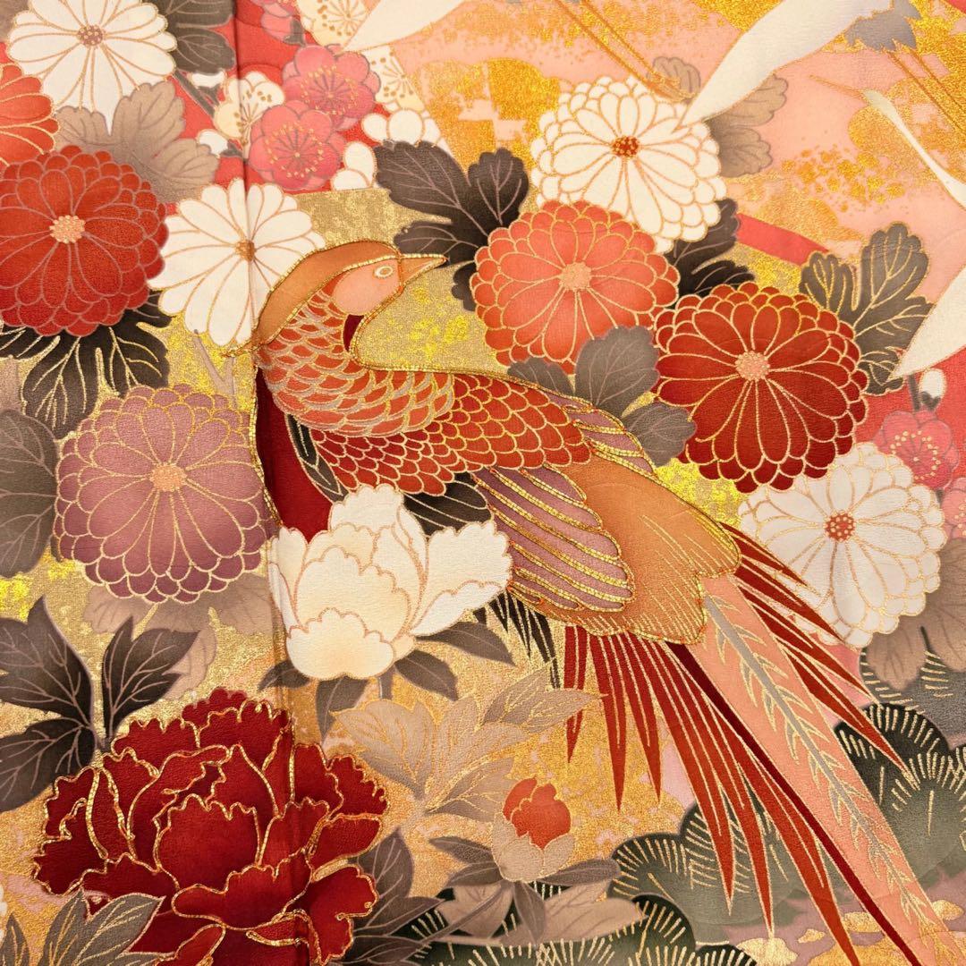 な*お様 振袖 振袖フルセット 着物 鶴模様 竹松 金彩 朱色 金糸
