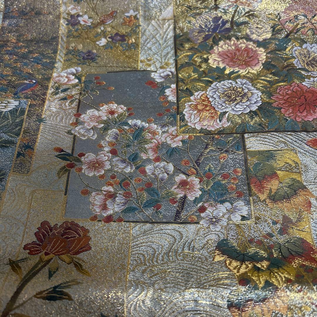 証紙付き！純金平織りプラチナ箔／裏表全通‼️近代花鳥画袋帯♡ - メルカリ