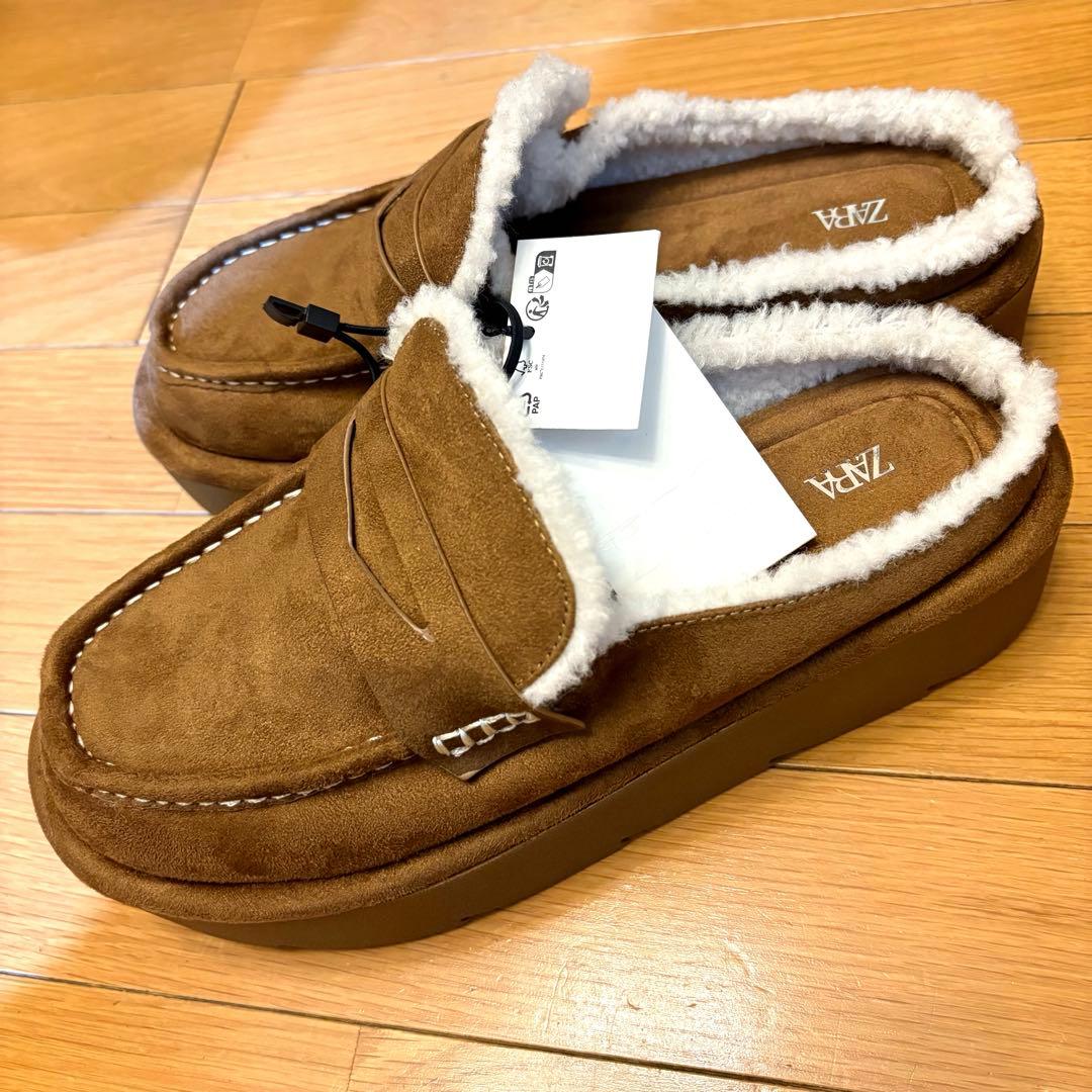 ZARA】ザラ 39 プラットフォームミュールローファー ムートン ボア