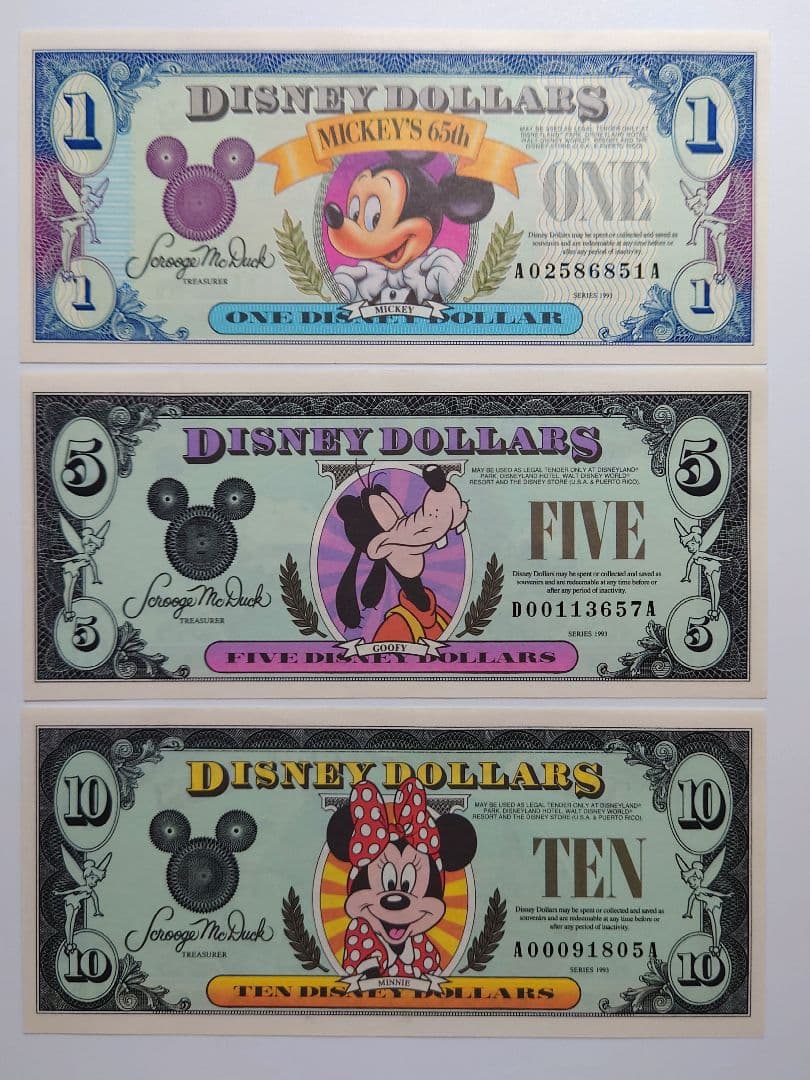 ✨超希少✨【美品】Disney Dollars 1993年版 $1, 5, 10 Yahoo!オークション -「ディズニードル 1ドル」(ディズニー) の落札