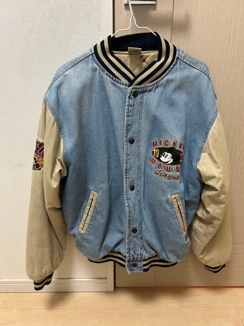 90s Disney デニムスタジャン ミッキー 両面刺繍 y2k