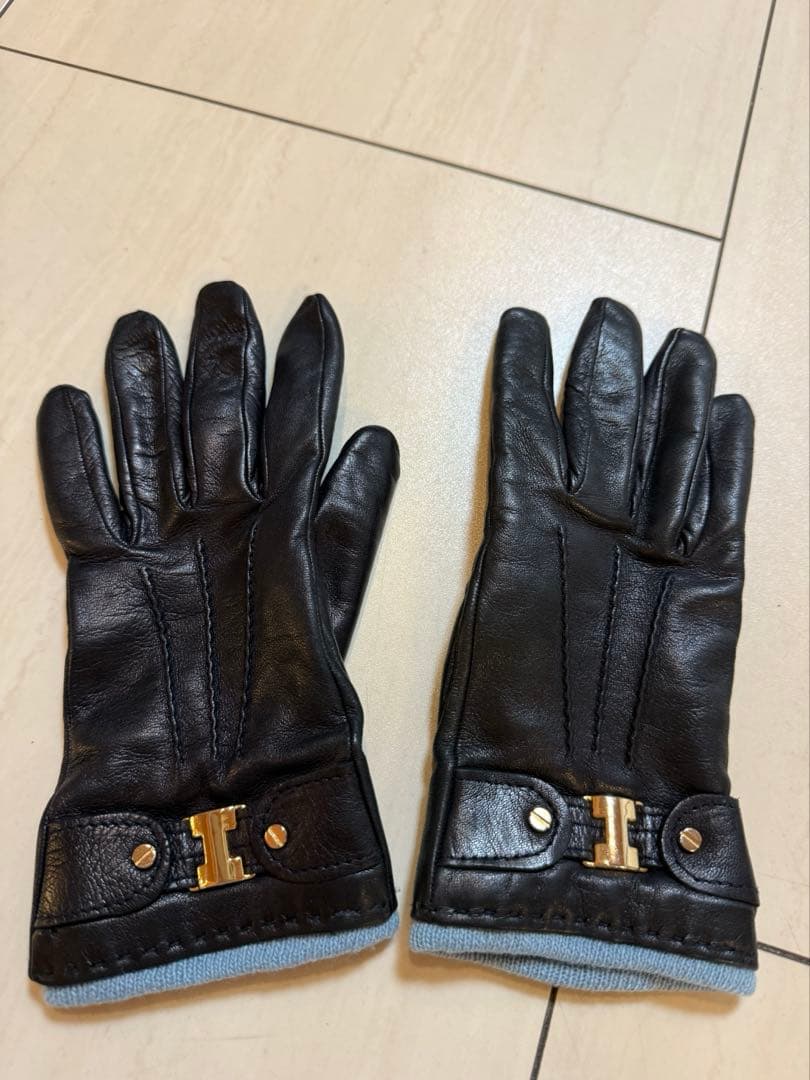 セルモネータグローブス☆紺ネイビー×水色☆皮レザー手袋☆カシミア