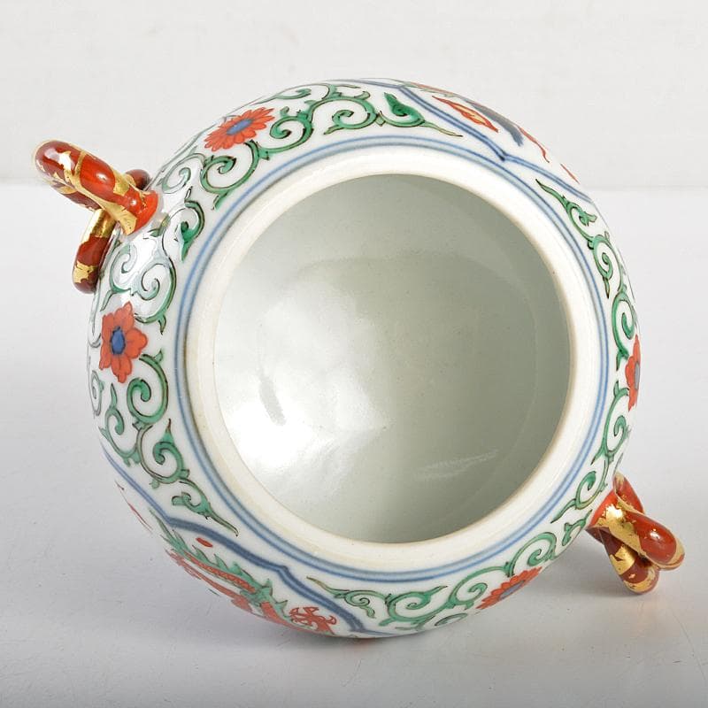 篩月庵 三浦竹泉造 赤絵金彩 花唐草龍文 双耳遊環香炉 共布共箱 J