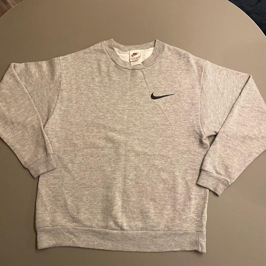 90s USA製 NIKE 白タグ スウェットグレー刺繍スウッシュ レディースL