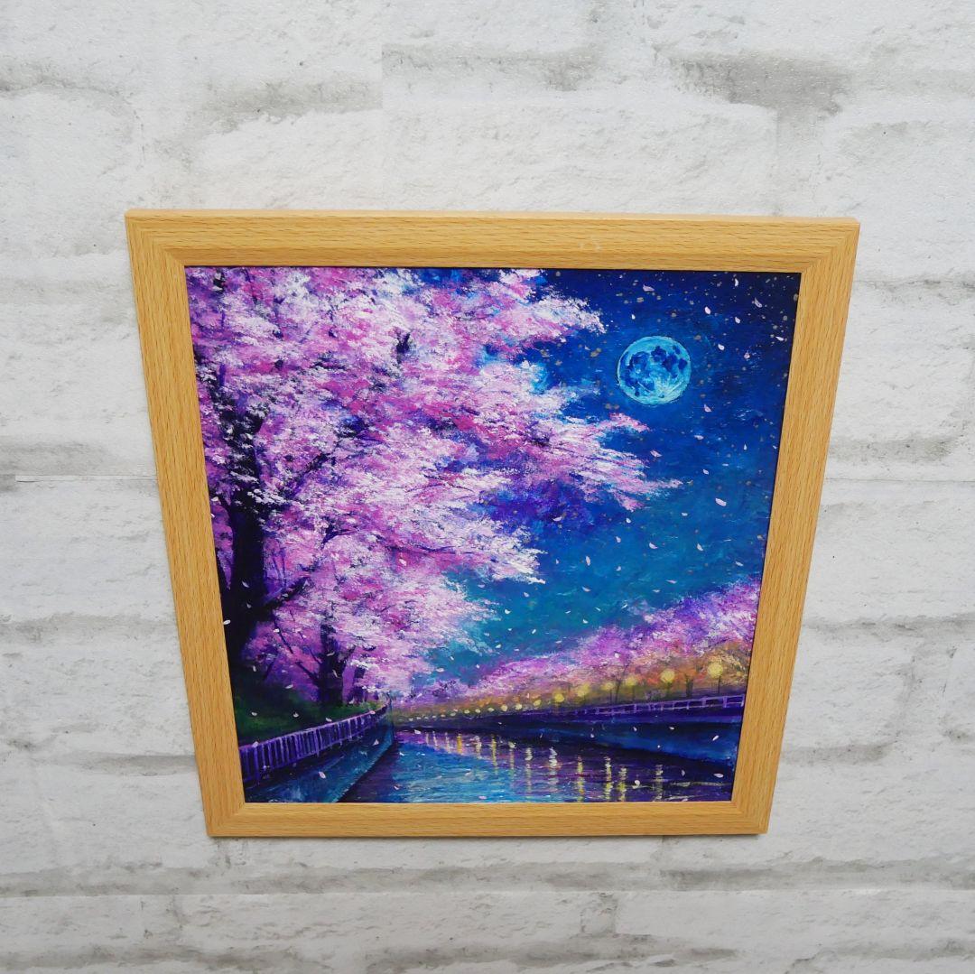 真作】油絵「青い満月の夜桜」原画 額装済み 幻想的な風景画 ギフトに