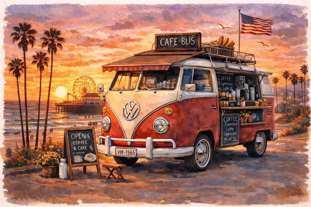 ワーゲン タイプ2 バス ワーゲンバス カフェバス 水彩画 ハンドメイド