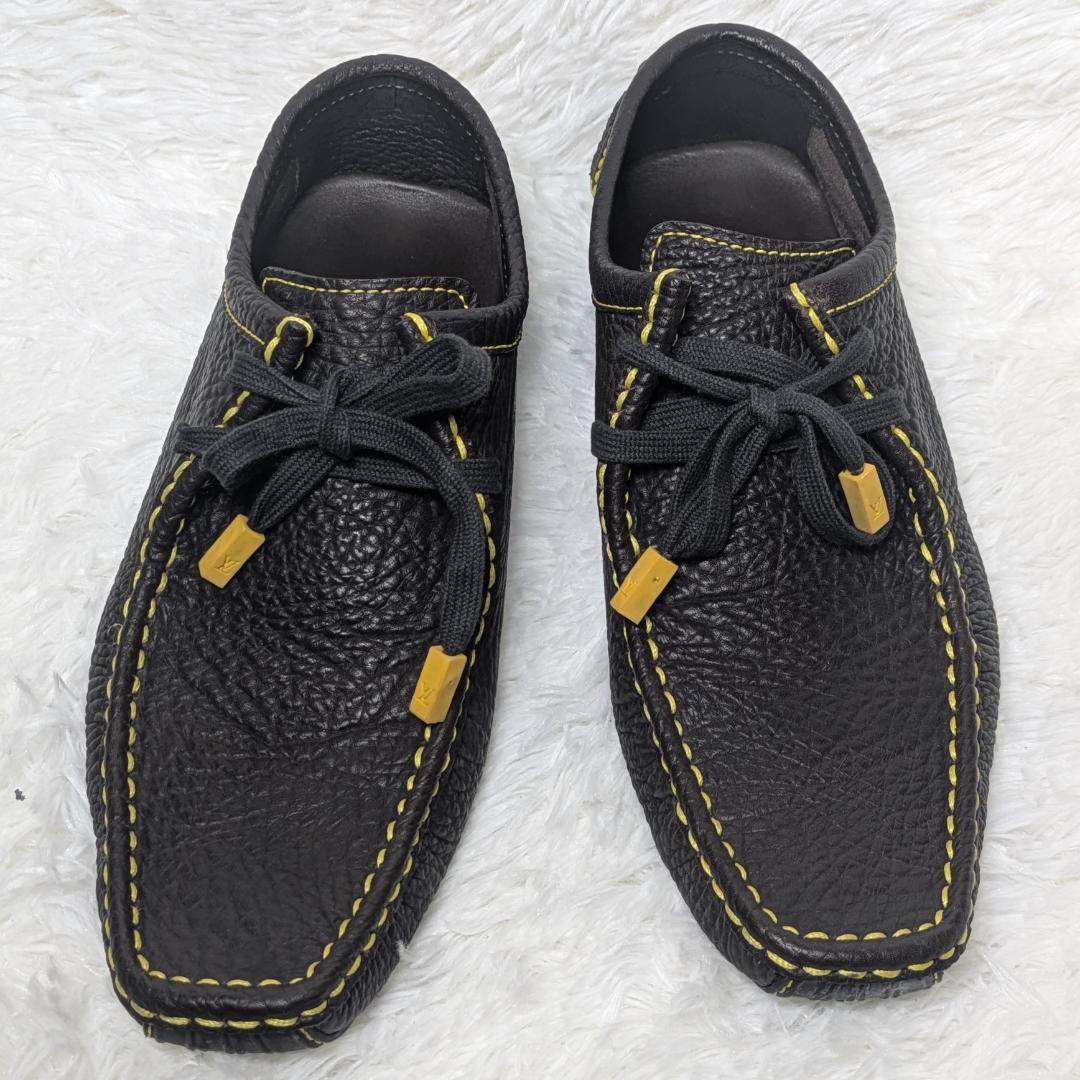 ルイヴィトン レザー ドライビングシューズ 7.5 黒×イエローステッチ