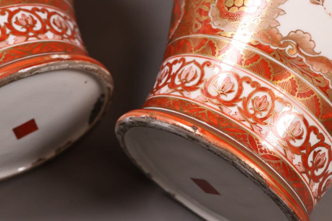 M57】大日本九谷 久馬画 獅子 花鳥 赤絵 香壷 一対 九谷焼 香壺 沈香壺