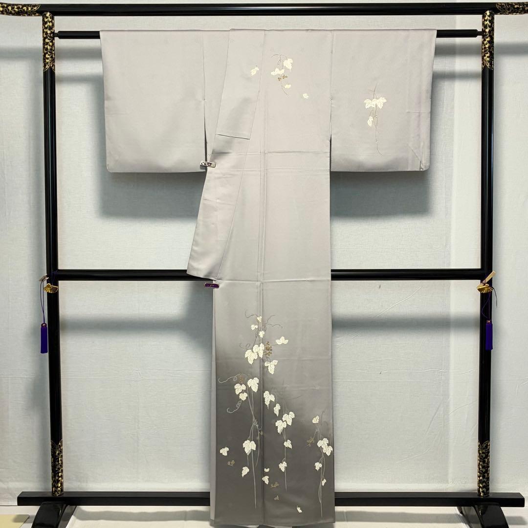 D212 訪問着 蔦の葉 グレー 一つ紋 正絹 着物 袷 極美品 - メルカリ