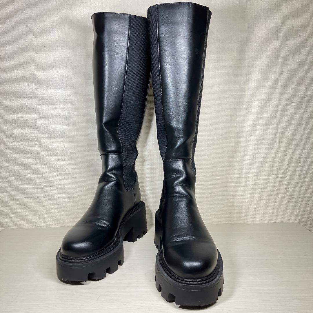 美品】ZARA サイドゴアロングブーツ 厚底 トラックソール ブラック 38
