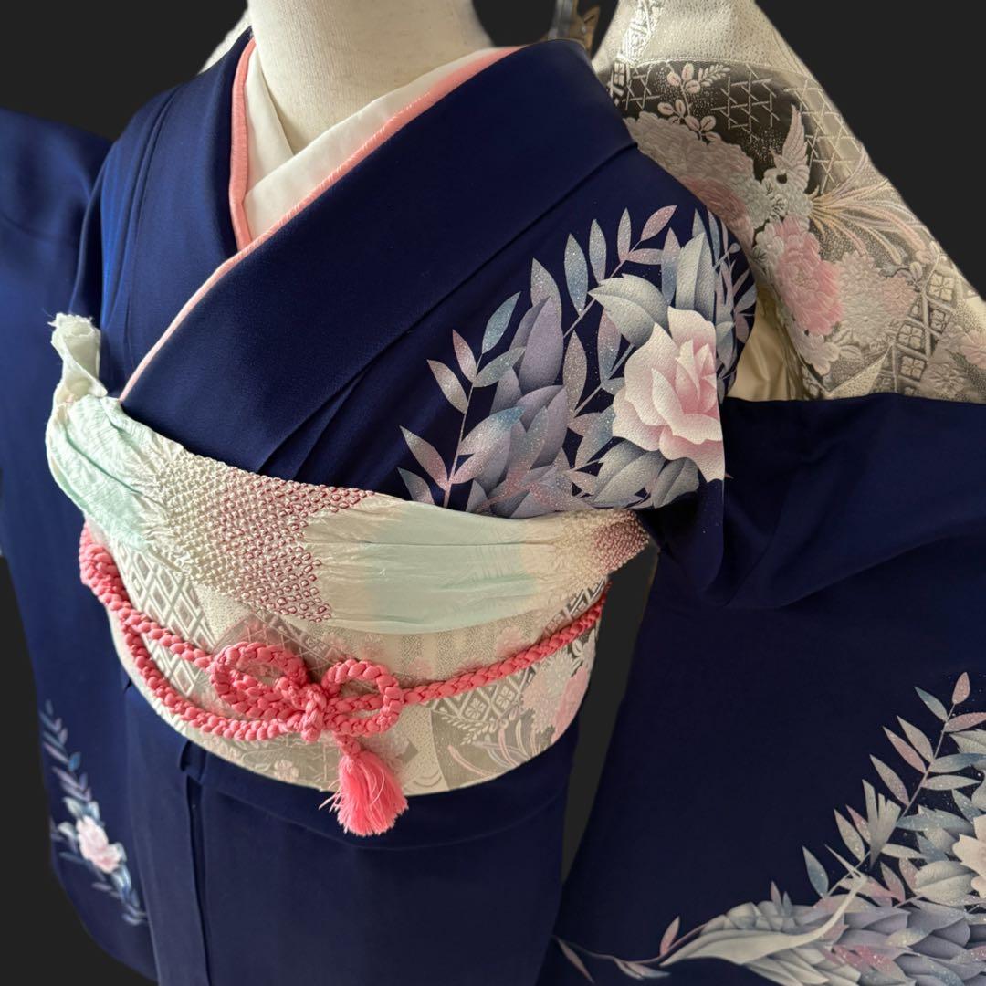 振袖フルセット トールサイズ 正絹長襦袢つき 紺色 成人式 159〜169