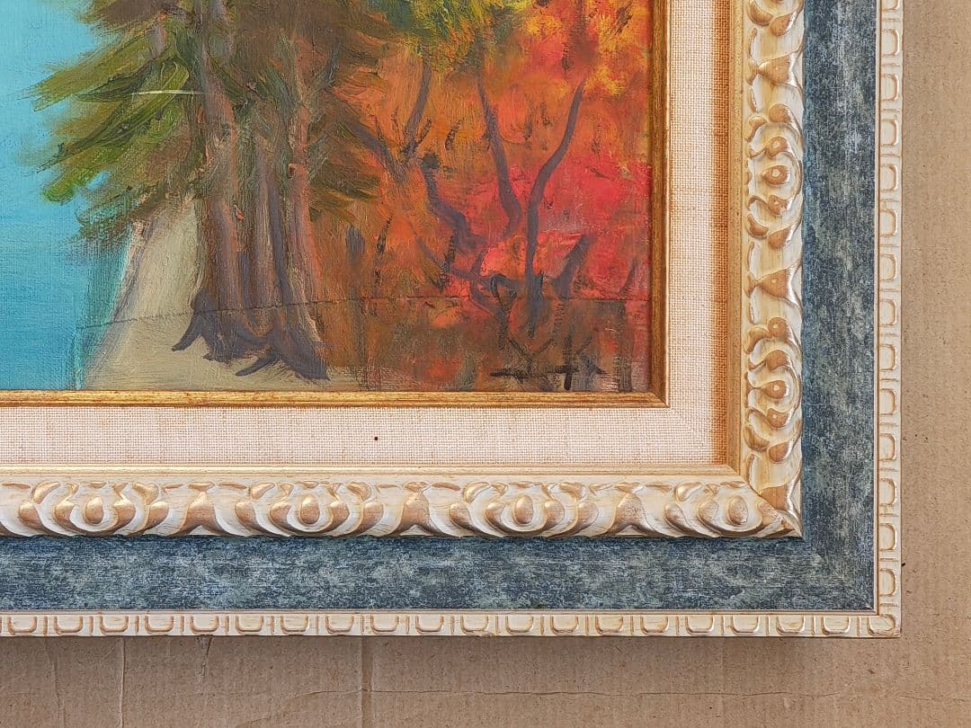 送料込】F30号 大型 油彩額縁 アクリル板 風景画付 空色と銀系 107cm