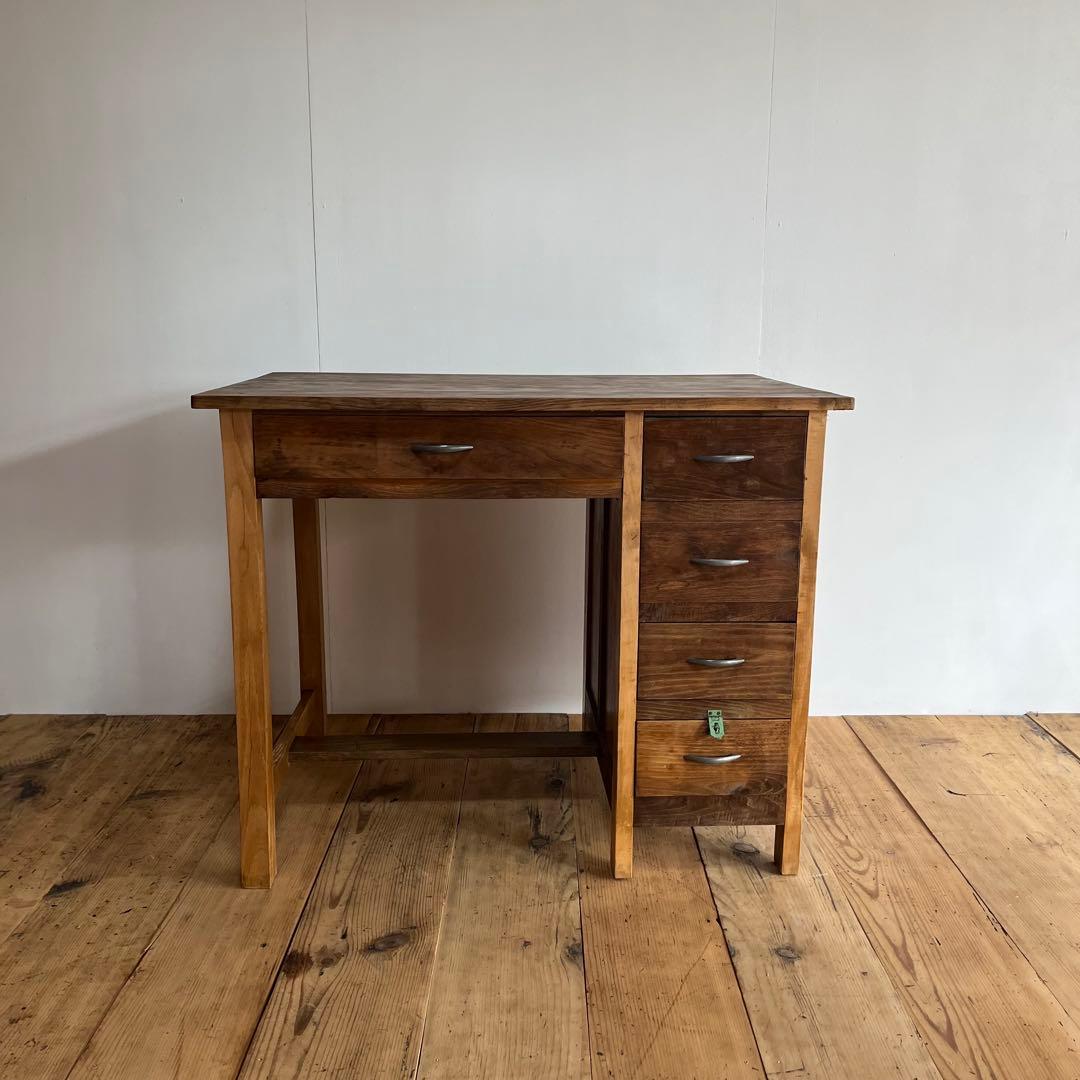 アンティーク 片袖机 テーブル デスク 昭和レトロ z721 ナラ×ケヤキ材のレトロ片袖デスク｜幅106.5cm・収納力と実用性を備えた
