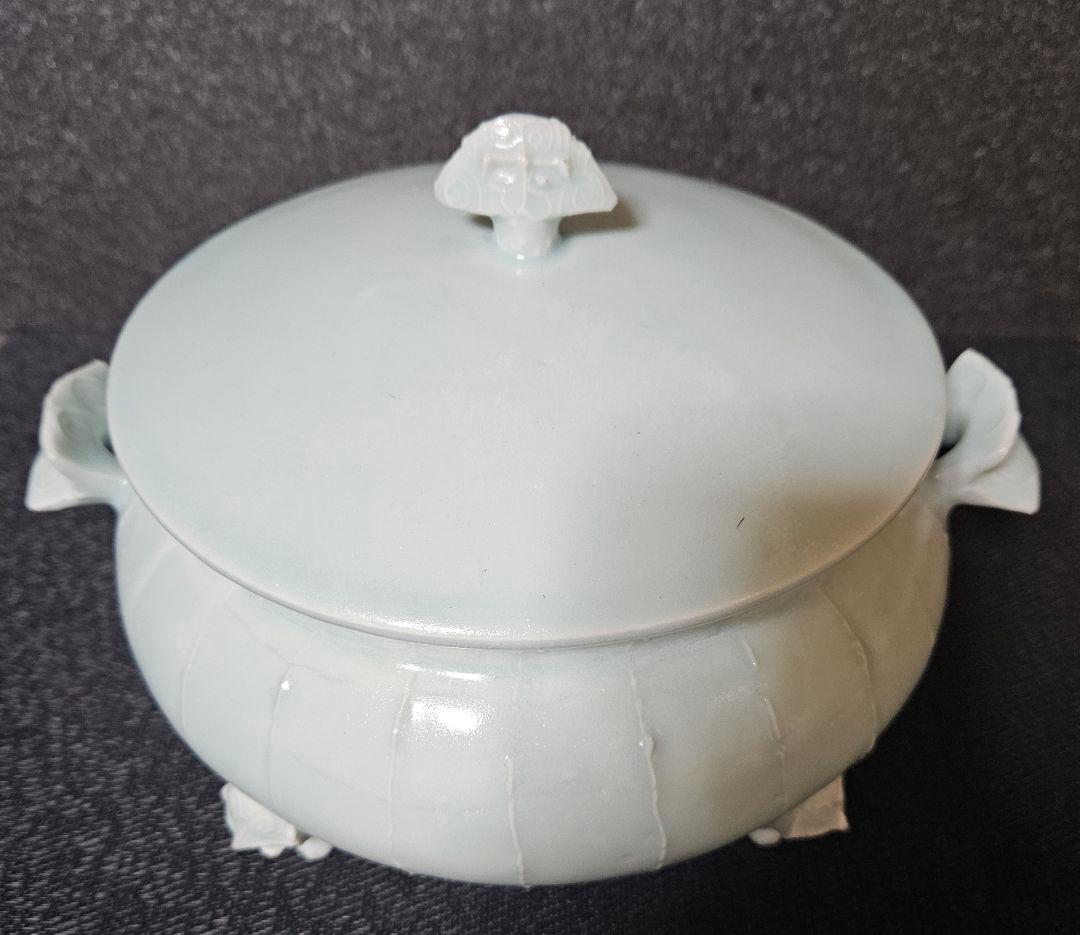 京焼 清水焼 名工 吉川充 造 青白磁 有蓋獣足鉢 香器香炉 お櫃 高島屋