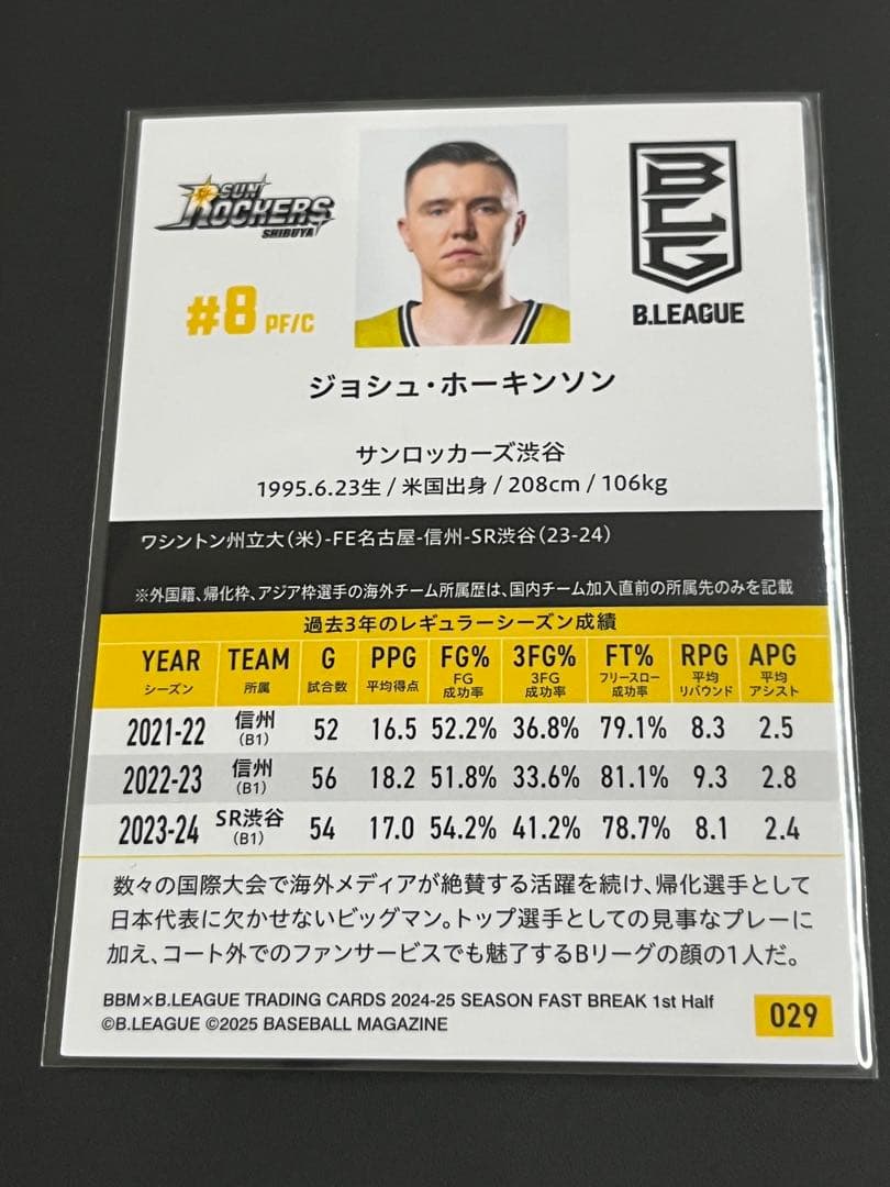 Bリーグ 2024-25 トレカ サンロッカーズ渋谷 ジョシュ・ホーキンソン