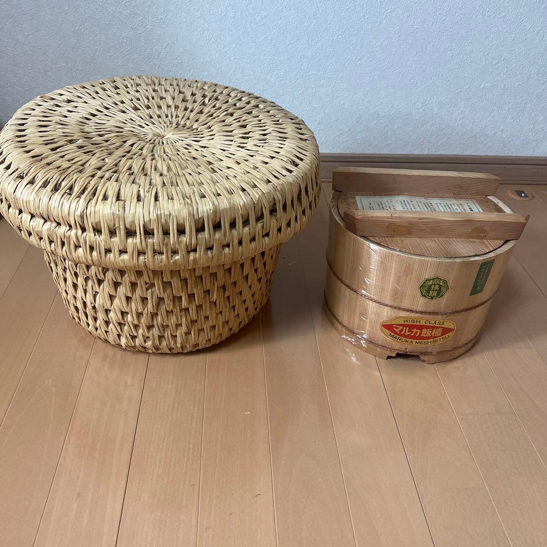 古民具 藁いずみ 手作り 藁籠 藁細工 マルカ飯櫃のセット 古民具 藁いずみ 手作り 藁籠 藁細工 マルカ飯櫃のセット