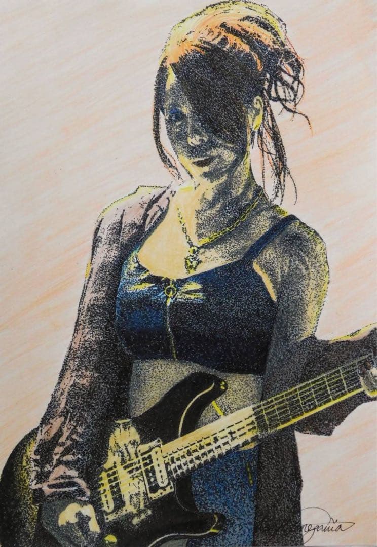 人物画　点描画　 「Female Guitarist」 ギターを弾く女性の絵画、デジタルダウンロード肖像画アート、マティス