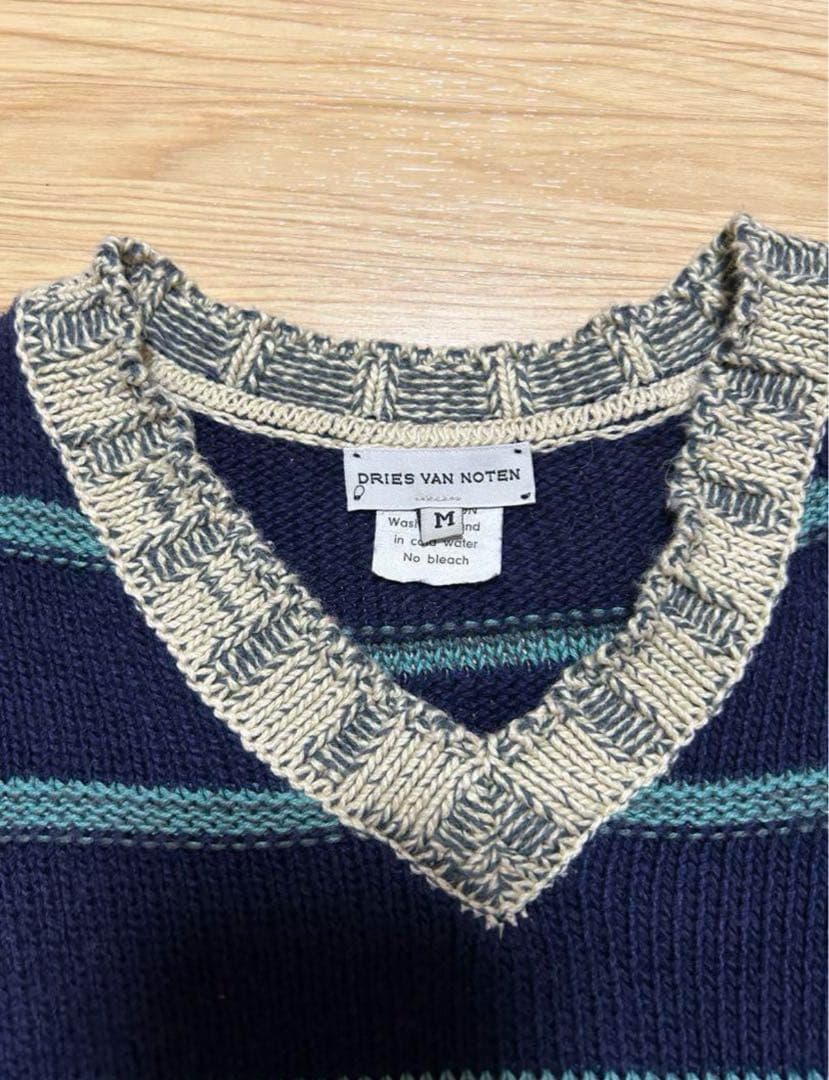 DRIES VAN NOTEN M ネイビー ストライプ Vネック セーター - メルカリ
