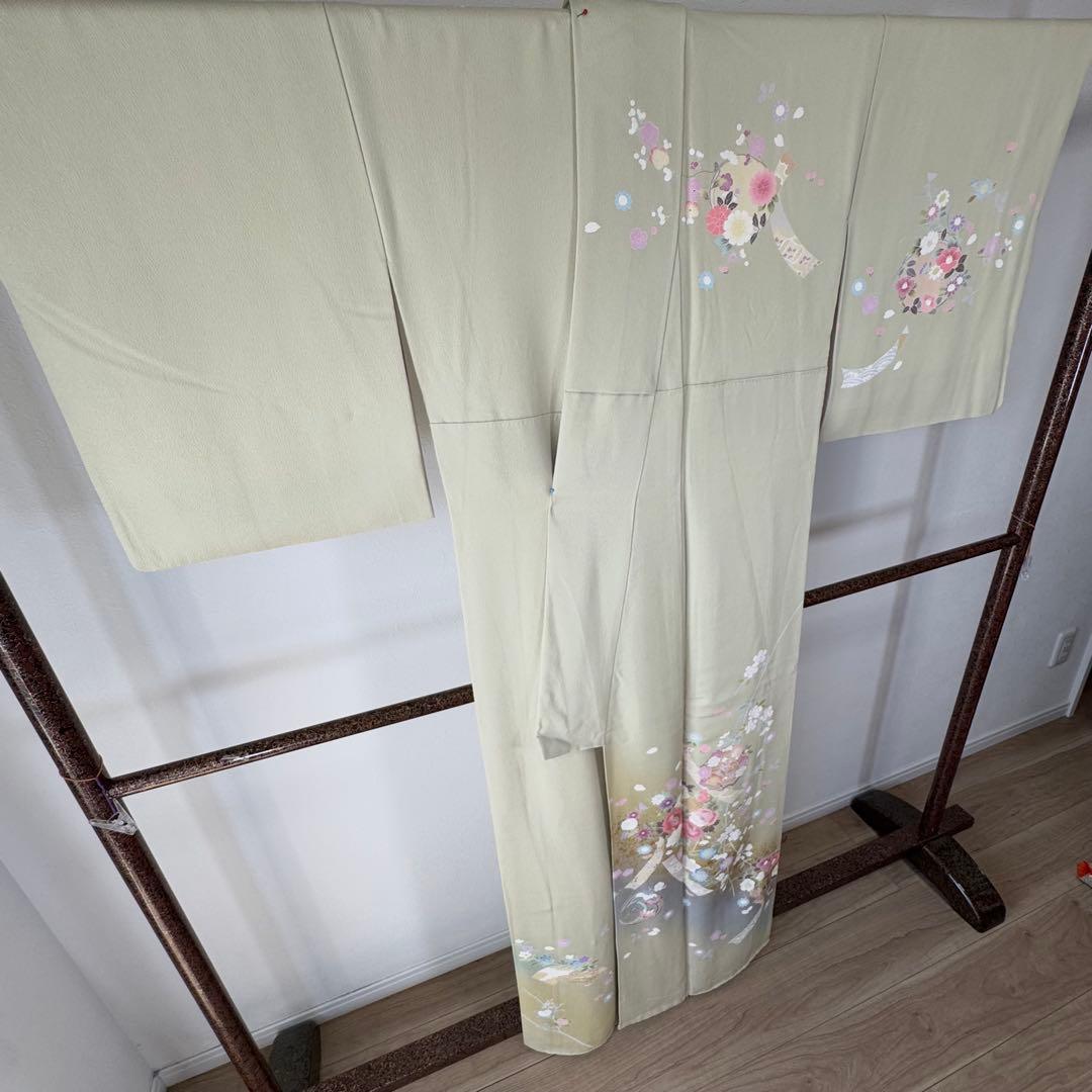 超美品 正絹 袷 現代 正統派 訪問着 着物 163 黄緑 鶯色 手書き 上品